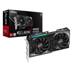ASRock RX 9060 XT Challenger 8GB OC graphics card with a sleek black design and dual-fan cooling system. ASRock RX 9060 XT Challenger 8GB OC graphics card with a sleek black design and dual-fan cooling system.